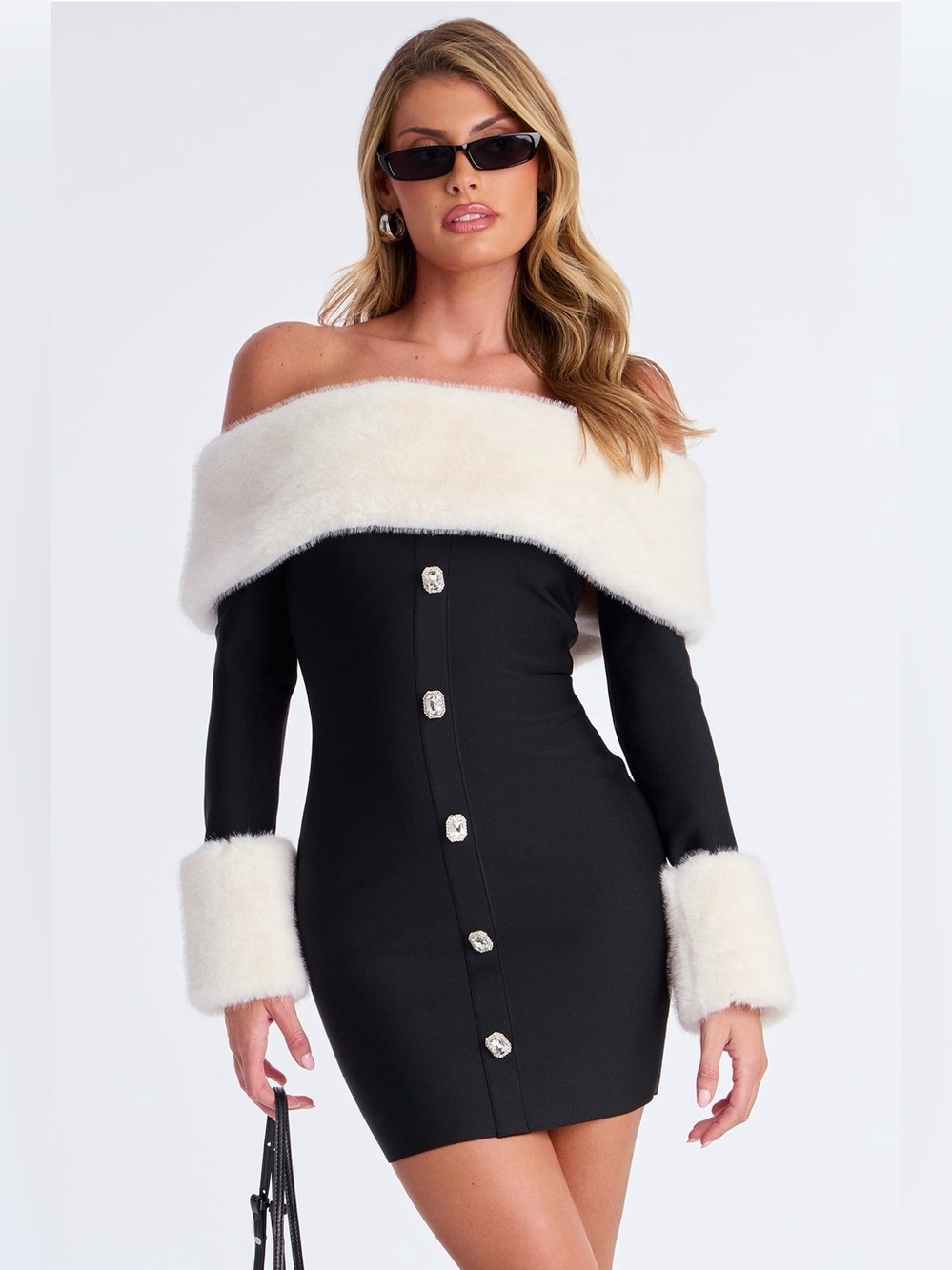 Fashion Nova Off-Shoulder Black Mini Dress with White Faux Fur Trim. XS.